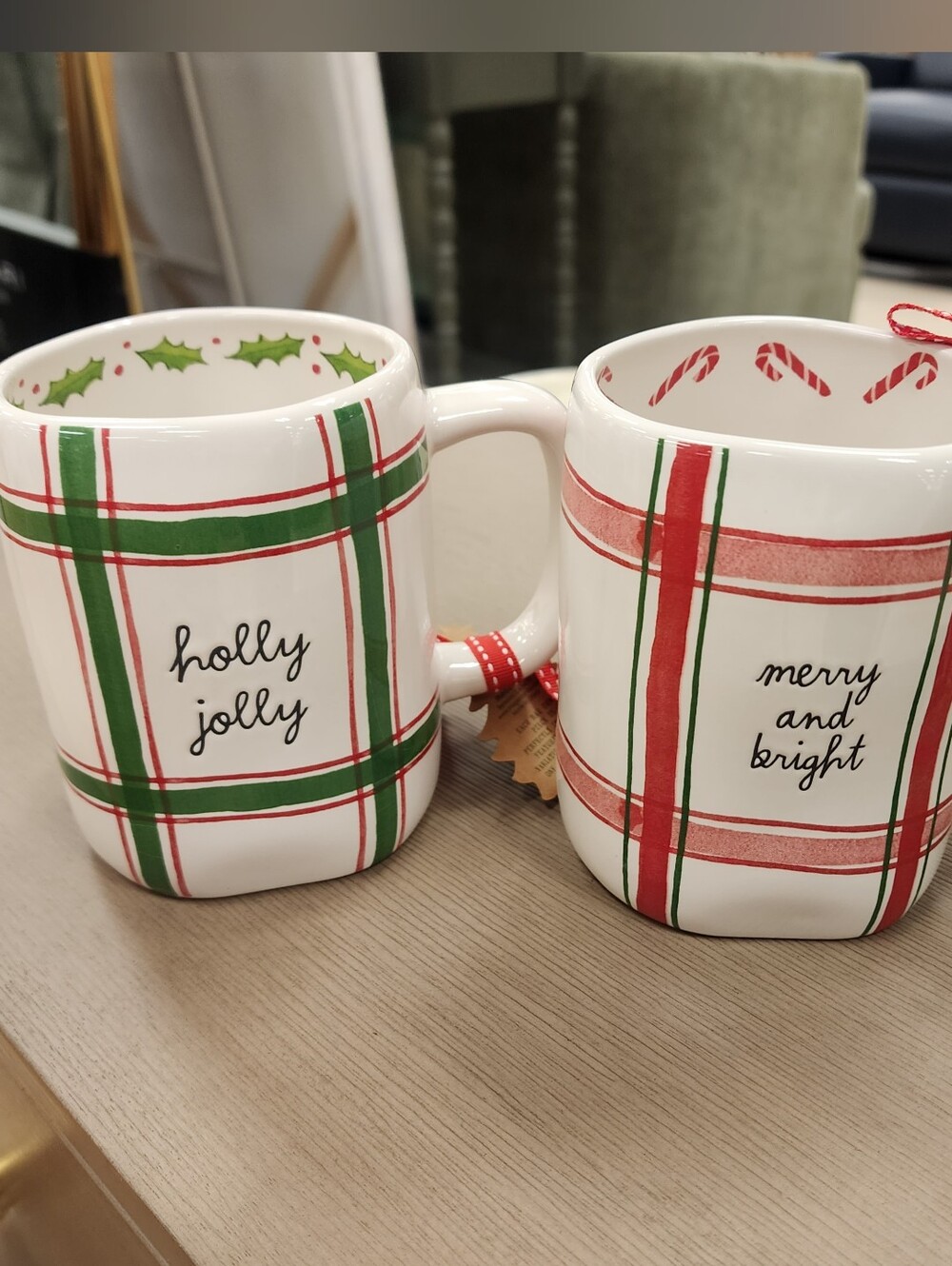 Rae Dunn Holiday Plaid Ceramic Mug Set - Green & Red